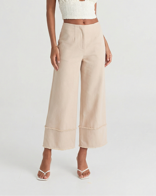 Vera | Wide Leg Cropped Pants Cream High Waisted Raw Hem
