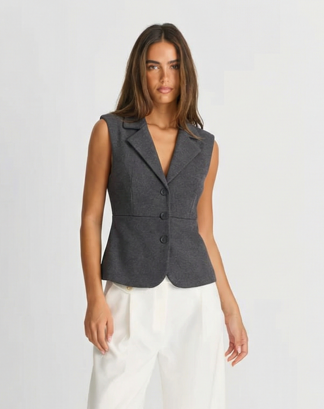 Margot | Sleeveless Blazer Gray Fitted Button Down