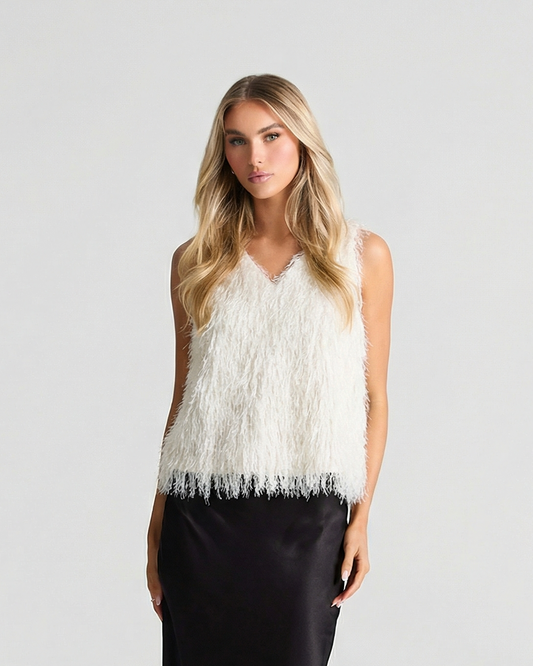 Willa | Fluffy Vest Top White Sleeveless V Neck