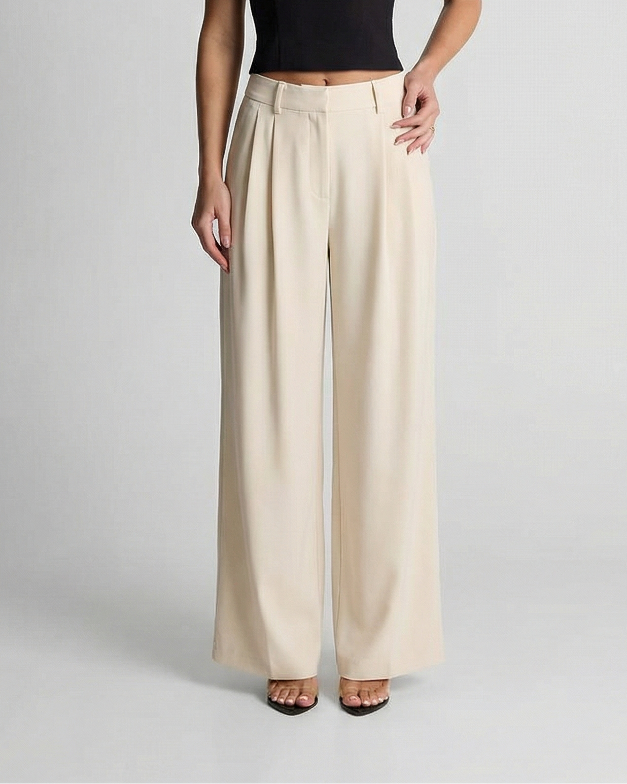 Ada | Wide Leg Trousers Cream Pleated High Waisted
