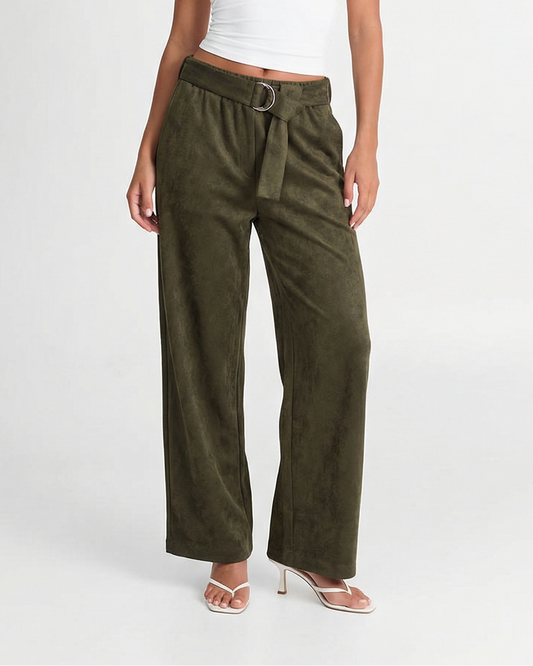 Thea | Wide Leg Linen Pants Olive High Waisted Belted