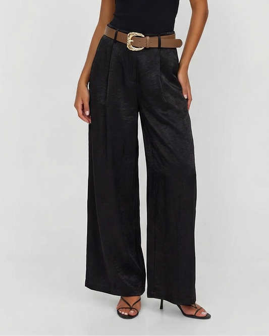Margot | Wide Leg Pleated Pants Black Belted High Waisted