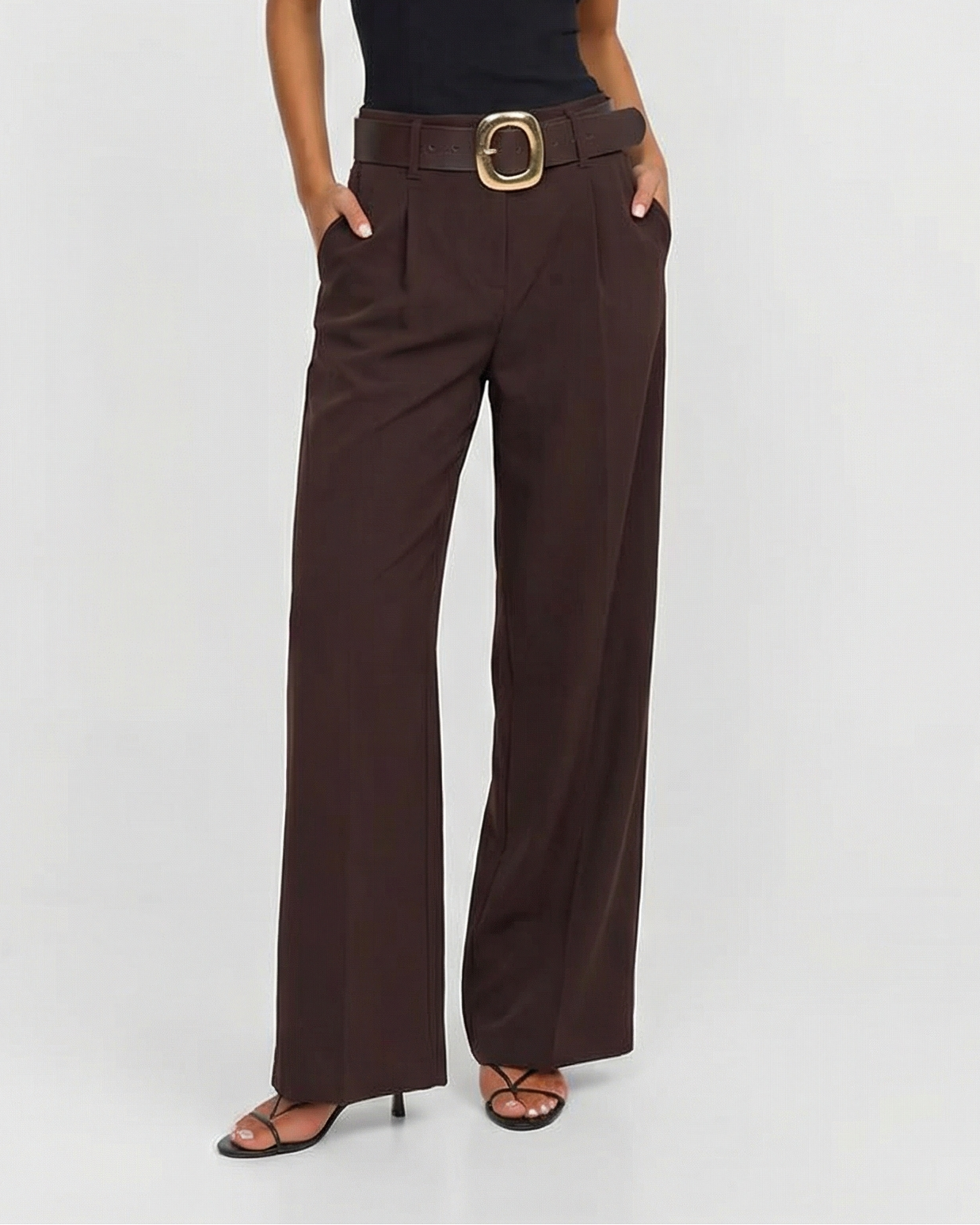 Quinn | Elegant Wide Leg Trousers Brown Belted