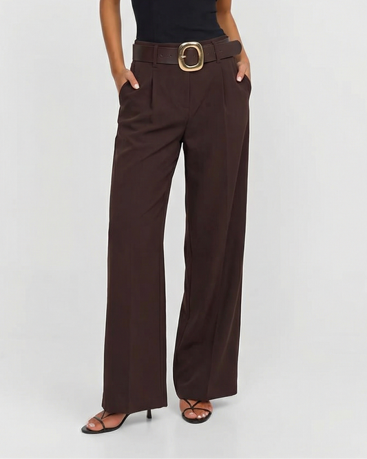 Sage | Wide Leg Dress Pants Brown Belted High Waisted