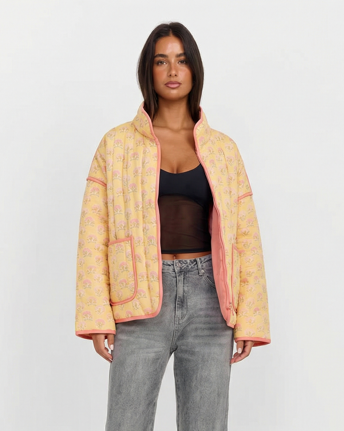 Greta | Quilted Jacket Yellow Floral Print Zip Up Lightweight