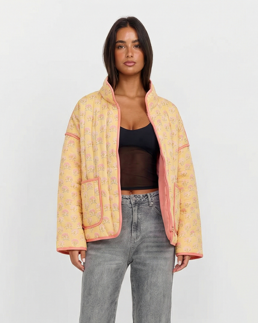 Greta | Quilted Jacket Yellow Floral Print Zip Up Lightweight