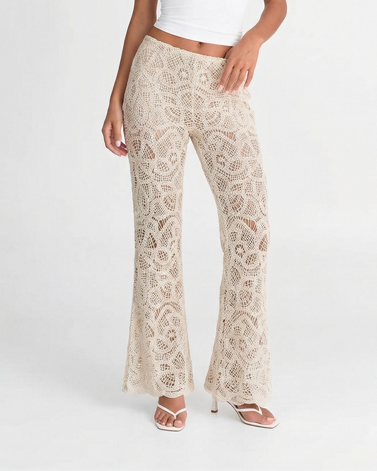 Uma | Casual Flared Crochet Trousers Cream