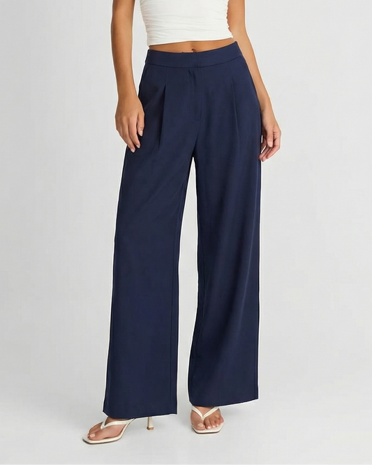 Cora | Wide Leg Pleated Pants Navy High Waisted