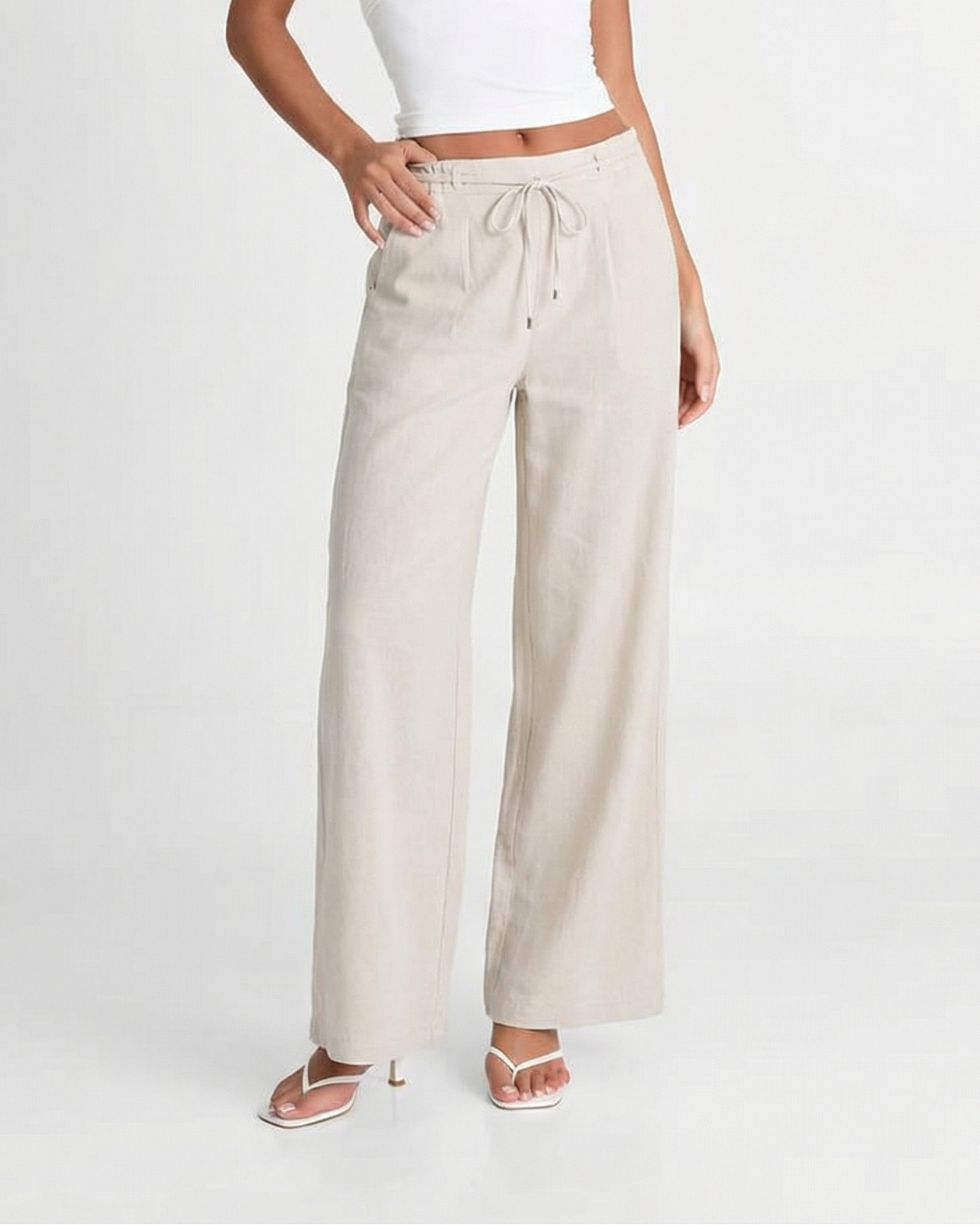 Roux | Casual Wide Leg Linen Pants Cream Drawstring