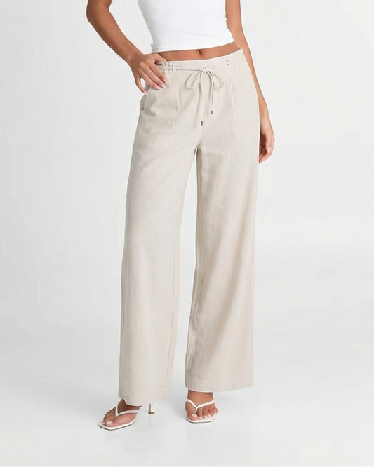 Hazel | Casual Wide Leg Linen Trousers Cream Drawstring