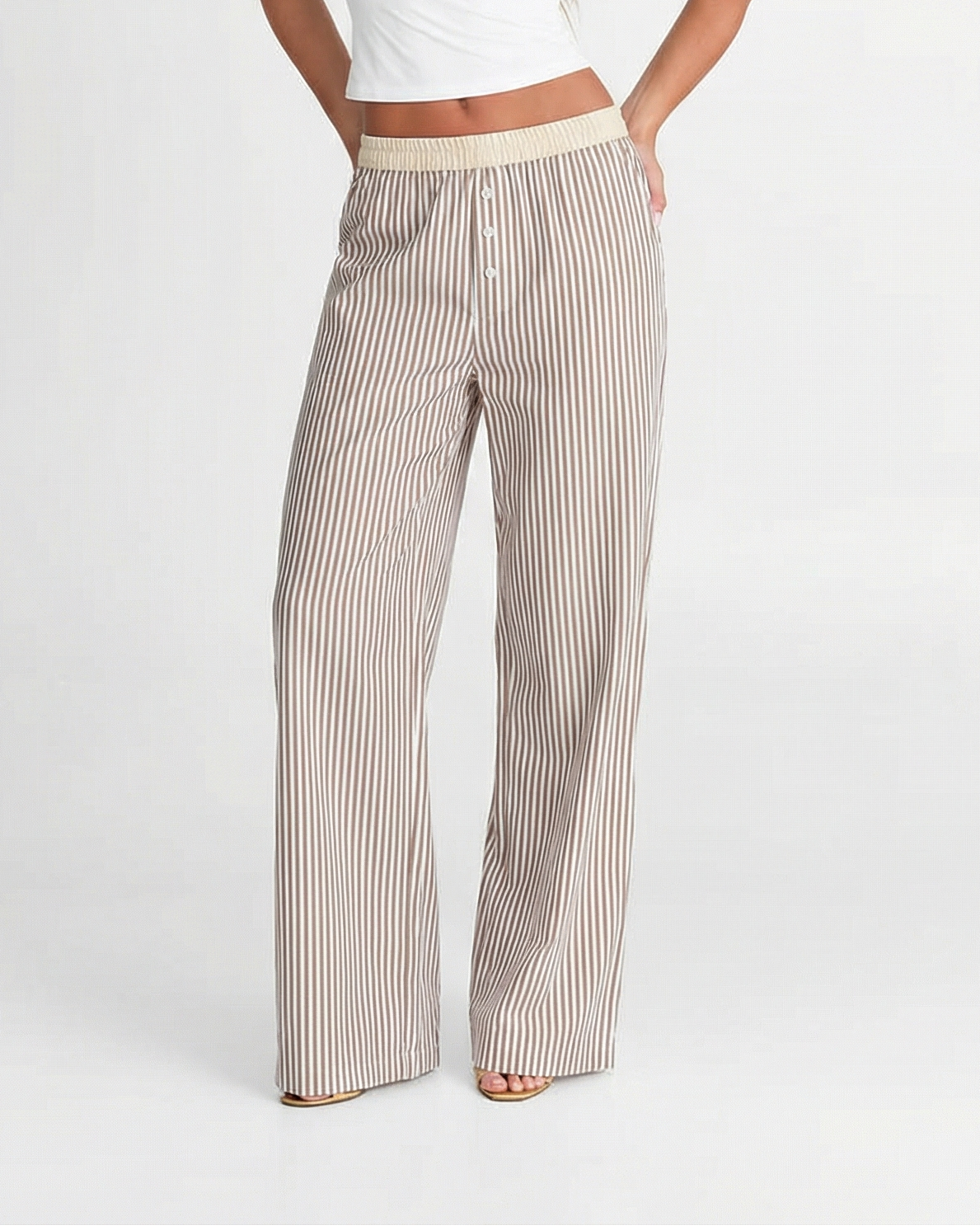 Margot | Casual Striped Wide Leg Pants Cream Button Front
