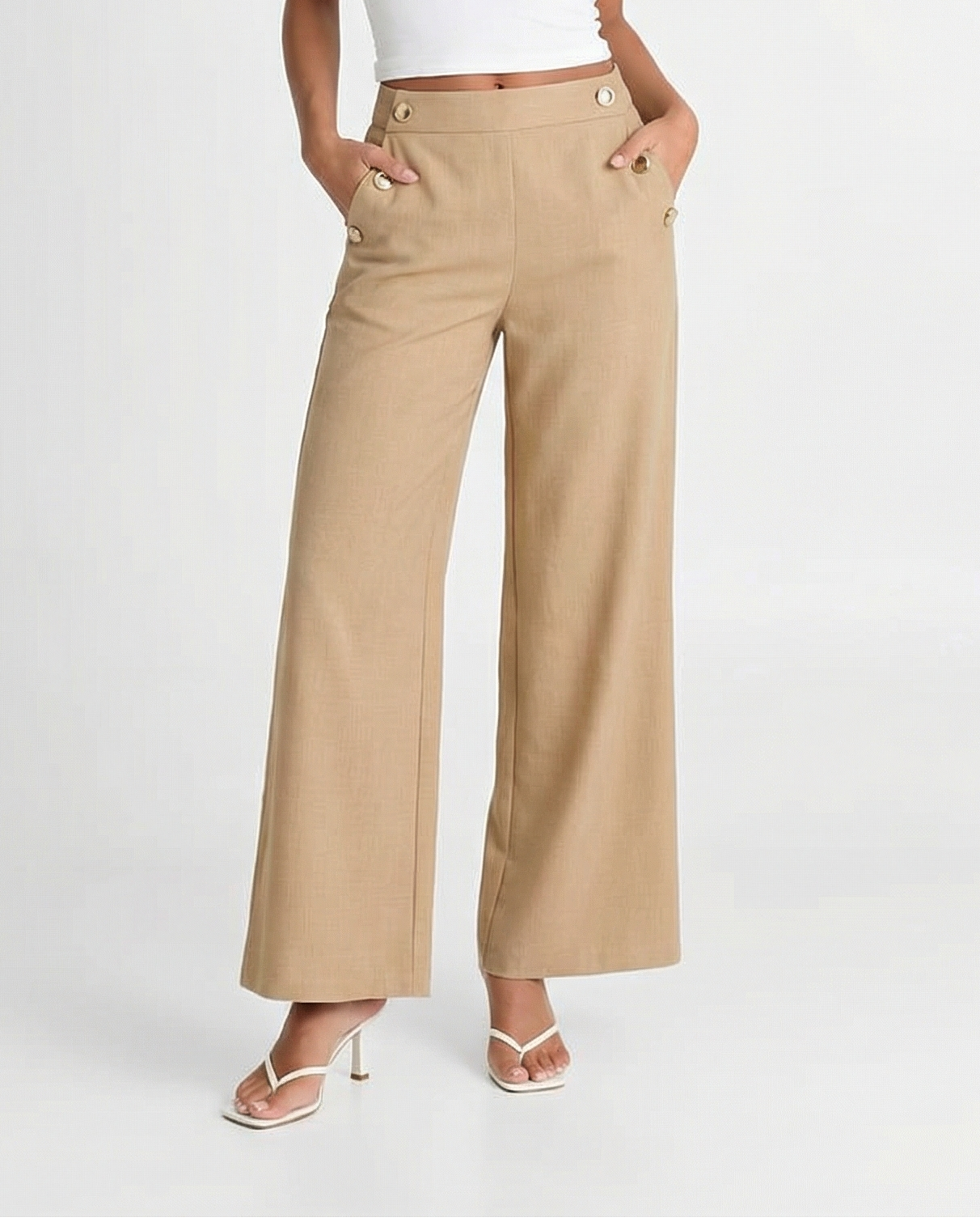 Maren | High Waisted Wide Leg Pants Beige Button Pocket