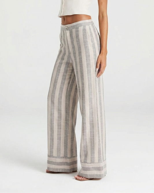 Asana | Wide Leg Striped Linen Trousers Cream