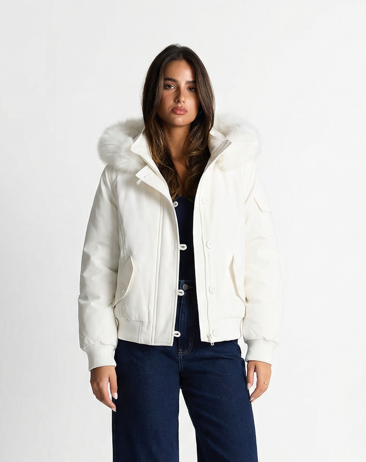 Freya | Winter Aviator Jacket White Faux Fur Hooded