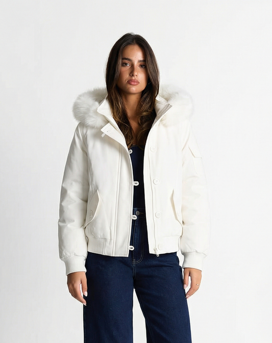 Freya | Winter Aviator Jacket White Faux Fur Hooded