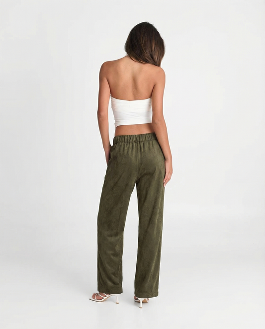 Thea | Wide Leg Linen Pants Olive High Waisted Belted