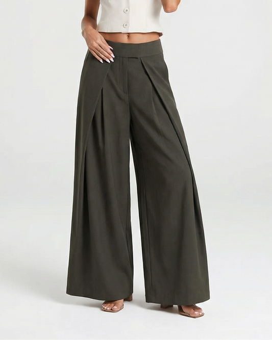 Kaya | Wide Leg Trousers Khaki Pleated High Waisted