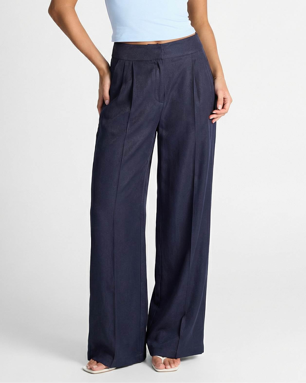Camille | Casual Wide Leg Trousers Navy Linen High Waisted
