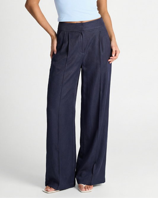 Camille | Casual Wide Leg Trousers Navy Linen High Waisted