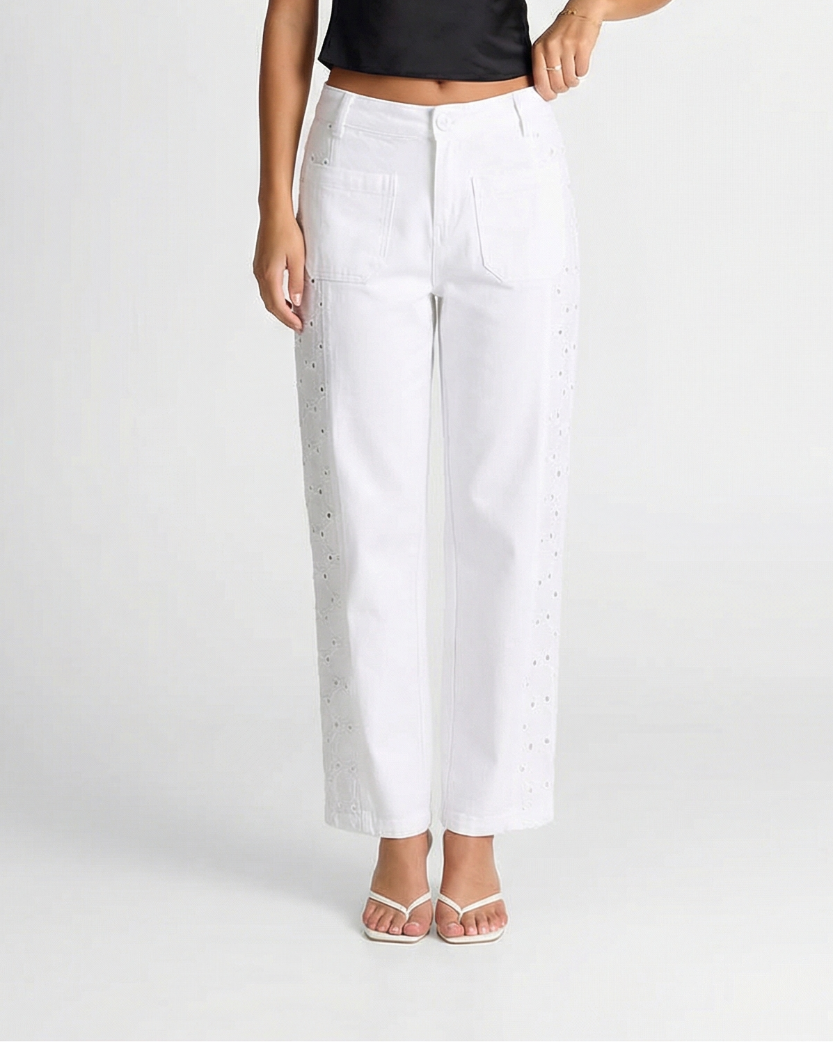 Margot | White Wide Leg Jeans Eyelet Detail High Waisted