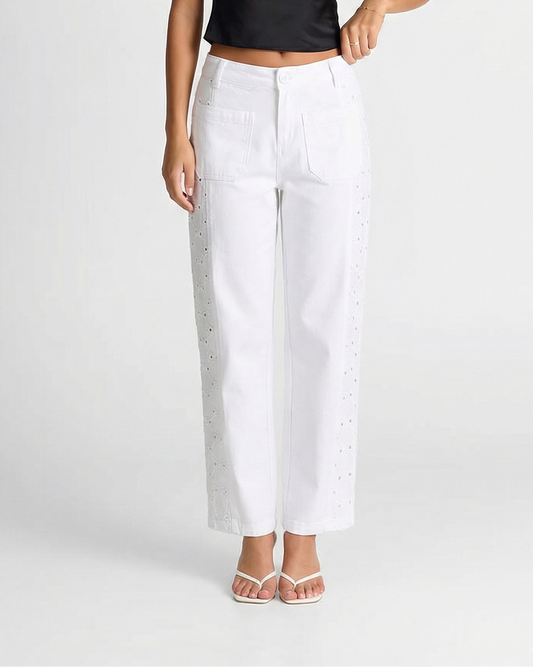 Margot | White Wide Leg Jeans Eyelet Detail High Waisted