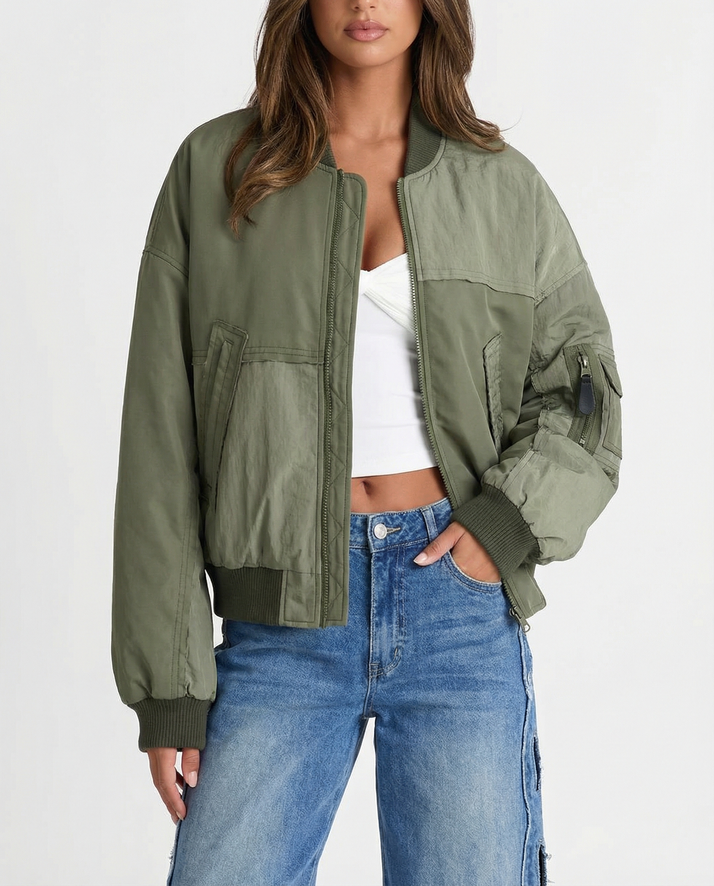 Freya | Casual Oversized Green Bomber Jacket Khaki Utility Zip Up